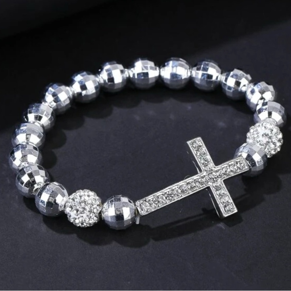 Silver Beaded Cross Bracelet